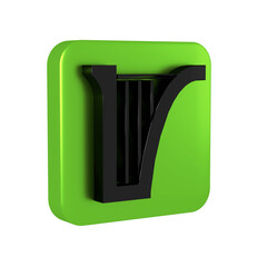 Black Harp icon isolated on transparent background. Classical music instrument, orhestra string acoustic element. Green square button.
