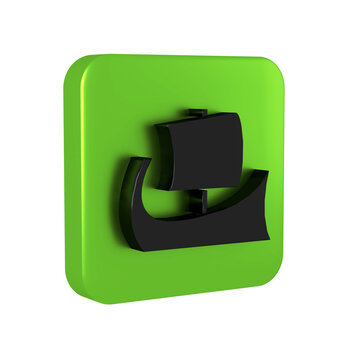 Black Ancient Greek trireme icon isolated on transparent background. Green square button.