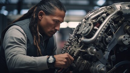 Native American indigenous mechanical engineer working on Industry Manufacturing machinery Factory. Diversity, quality control, repair, safety first concept - obrazy, fototapety, plakaty