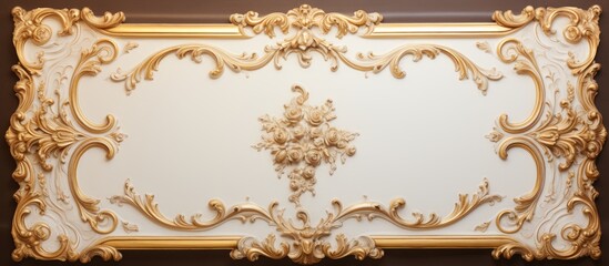 The golden frame, adorned with intricate baroque designs, elegantly encased the square vintage painting, combining ornate gilt details with a touch of antique charm on the classical wall. The