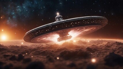 ufo in space near exploding star, exploding star, Alien space ship in action in the space with a planet, stars 