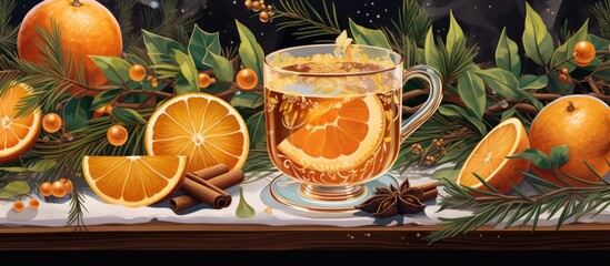 In their vibrant winter-themed poster design, the illustrator expertly intertwined cinnamon, a symbol of the festive season, with orange and green fruits for a healthy and refreshing tea drink