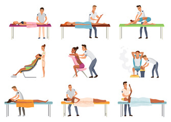 Massage therapists at work. Patients lying on couch, enjoying body relaxing treatment. Physiotherapists practicing different massage types, isolated cartoon characters. Flat  illustrations set
