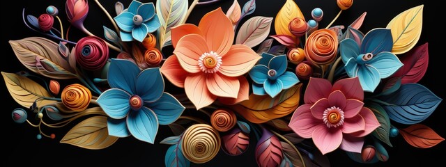 Vibrant Bouquet of Colorful Flowers on Black Background