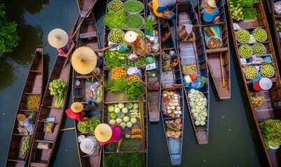 Aerial view famous floating market in Thailand, Damnoen Saduak floating market, Farmer go to sell organic products, fruits, vegetables and Thai cuisine, Tourists visiting by boat, Generative AI 