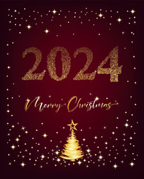 Happy New Year and Merry Christmas red and gold background. Abstract golden Christmas tree shape with star and Christmas balls decoration, modern trendy style - Vector illustration
