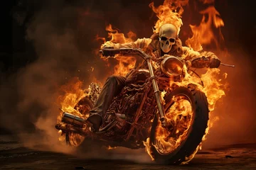 Fototapeten Spectral Human skeleton riding on fire motorbike. Speed race. Generate Ai © juliars