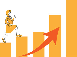 右上がりの棒グラフを上るスーツ姿の女性