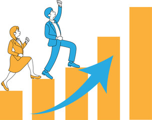 右上がりの棒グラフを一緒に上るスーツ姿の男女