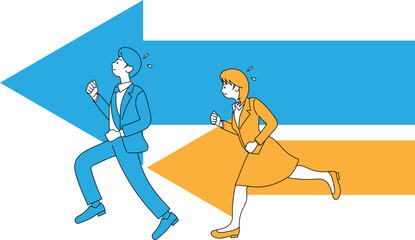 矢印の方向に必死で走るスーツ姿の男女