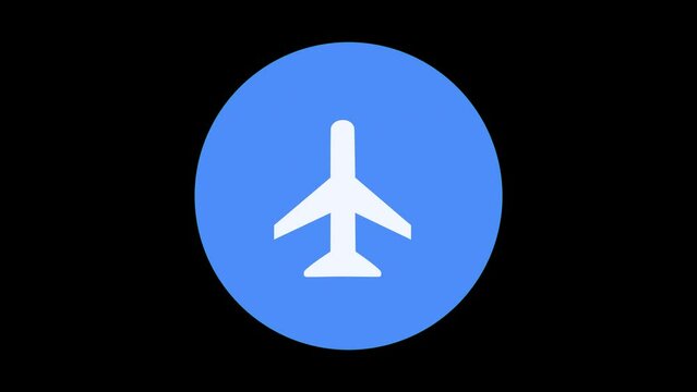 Airplane mode inside blue circle on mobile phone icon isolated on black background. Airplane or airplane flight offline mode passenger regulation airline. 4K video motion graphics animation.