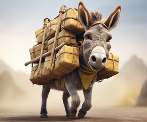 A cute small donkey, carrying a heavy load, illustration - obrazy, fototapety, plakaty