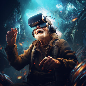 old person having vr experience