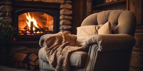 Hygge coziness emanates from a warm fireplace, creating a comforting atmosphere with soothing vibes - obrazy, fototapety, plakaty