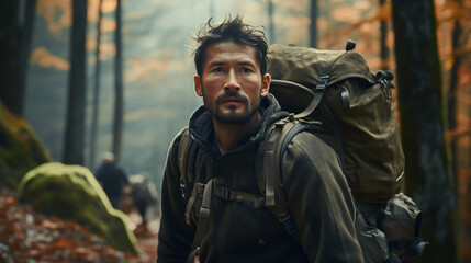 Obraz premium Asian man with backpack in autumn forest.