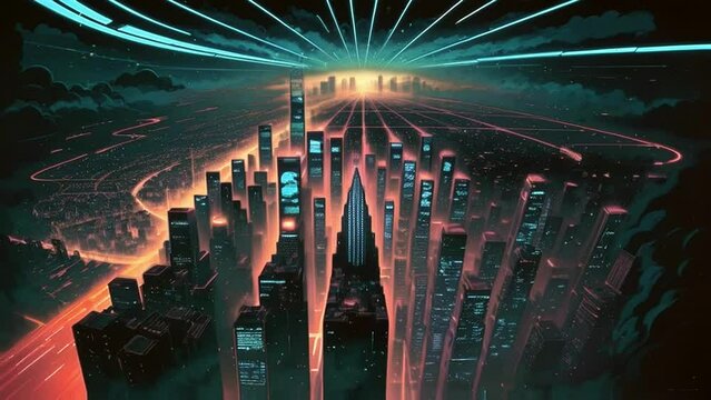 top view of a city with skyscrapers at night, urbanization city growth concept