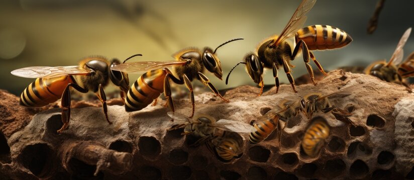 The worker drones toil tirelessly, their stings ready to defend their wasp queen and hunt for carnivorous insects to sustain the eusocial Vespa crabro colony, known as the European hornet, within