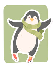 Cute penguin character wearing ice skates and scarf sticker. Funny bird animal ice skating in winter. Adorable cartoon skater penguin sport activity in winter season flat vector illustration