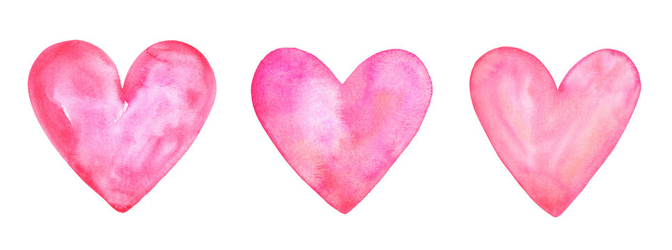 Hand drawn watercolor uneven heart shapes set, collection. Pink, rose aquarelle stains. Textured artistic Valentine's day backgrounds, brush drawn isolated design elements, painted templates.