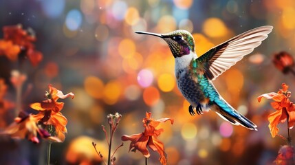 A close-up shot of a hummingbird hovering mid-air near a vibrant array of wildflowers.