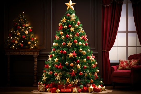 Classic Christmas Tree with Red and Green Ornaments and Golden Star