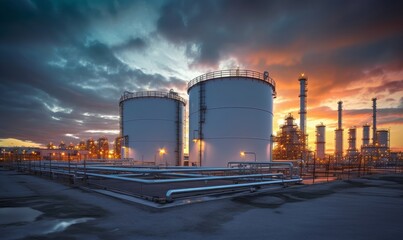 Petrochemical storage tank with oil refinery background, Oil refinery plant at night, Oil and gas industry refinery, Petrochemical plant at twilight, Generative AI 
