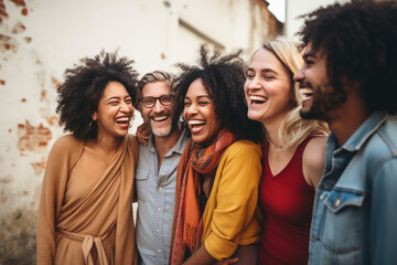 Fototapeta premium Creative compositions showcasing moments of laughter and joy among people from different backgrounds, fostering peace and understanding, with copy space