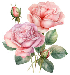 Watercolor illustration of pink roses. Ai generated. Transparent background, PNG
