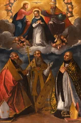 Tuinposter VICENZA, ITALY - NOVEMBER 6, 2023: The painting of Coronation of Virgin Mary with the St. Benedicte, Gregory and Callus in Basilica dei Santi Felice e Fortunato by Pietro Damiani (1592 – 1631).   © Renáta Sedmáková
