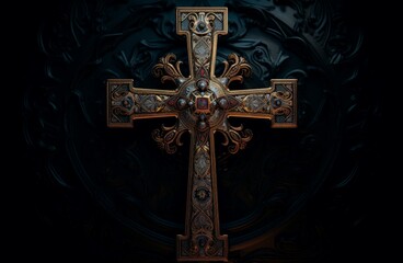 Sacred Illuminated christian cross. Blue night sky. Generate Ai