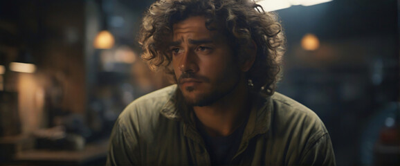 Fototapeta premium a man curly hair sit in a garage