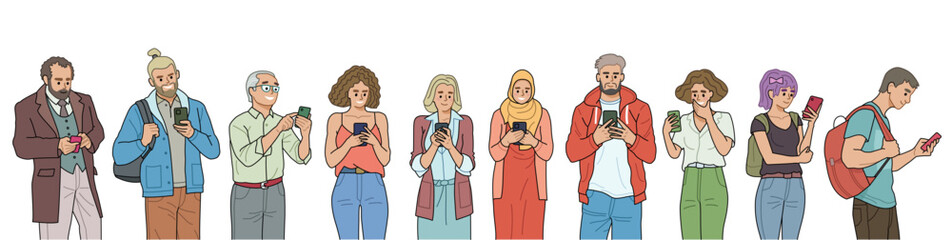 A crowd of people using, holding mobile phone in hands. Surfs the Internet in smartphone, communicates in chat, writes in messenger, views photos and videos. Vector characters isolated on white.