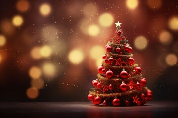 Fototapeta na wymiar Festive Red Bokeh Christmas Tree with Glowing Ornaments