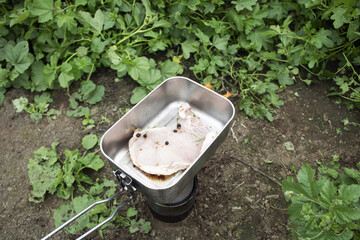 cooking in the field survival cooking pork chop in the field trekking
