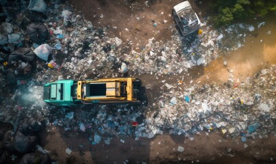 Garbage pile  in trash dump or landfill abundance, Aerial view garbage truck unload garbage to a landfill,  Biohazard global warming ecosystem and healthy environment, Generative AI  - obrazy, fototapety, plakaty