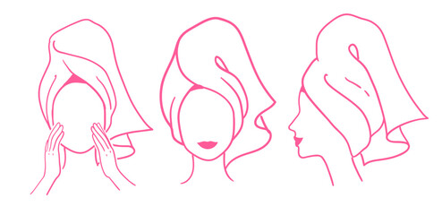 Vector illustration sketches of female portraits wrapped with towel in pink color