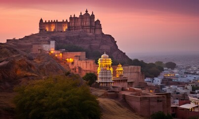 The Jaswant Thada and Mehrangarh Fort in background at sunset, The Jaswant Thada is a cenotaph located in Jodhpur, It was used for the cremation of the royal family Marwar, Rajasthan, Generative AI  - obrazy, fototapety, plakaty