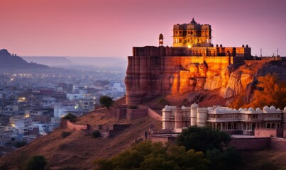 The Jaswant Thada and Mehrangarh Fort in background at sunset, The Jaswant Thada is a cenotaph located in Jodhpur, It was used for the cremation of the royal family Marwar, Rajasthan, Generative AI  - obrazy, fototapety, plakaty