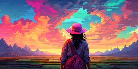 Person in the mountains, pixel art woman, cartoon style, illustration stoned, splash art, splashed dark colors, neon colors.