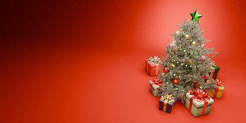 Merry Christmas and New Year greeting card. 3d illustration with pine tree and gifts. Space for text.