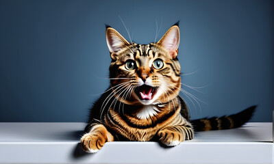 A cat with a surprised look on one's face. The background is a solid color. Generative AI