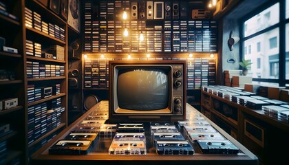 vintage television set at cassette shop, retro music shop environment.