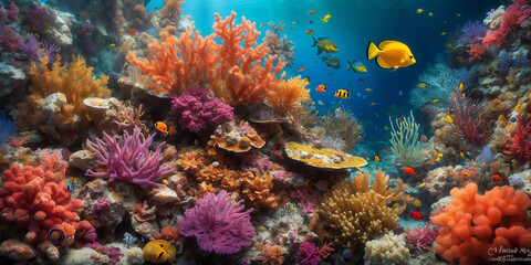Naklejka na ściany i meble Coral reef and fishes.