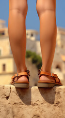 Gros plan d'une femme debout sur un muret en pierre, talon visible et sandales en cuir, visite de la Grèce - obrazy, fototapety, plakaty