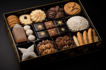 Assortiment de chocolats étoilés et biscuits secs de prestige à offrir à Noël