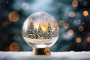 Fototapeta na wymiar Sparkling Glass Ball with Christmas Tree on Wintry Backdrop
