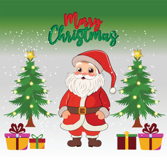 Santa Claus cute character illustration with Merry Christmas text, winter snow background