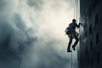 Industrial climber skyscraper. Danger extreme equipment. Generate Ai