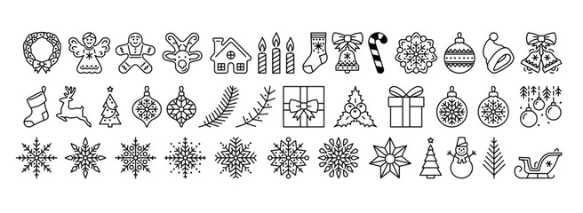 Christmas and New Year holidays elements icons set. Vector illustrations. Editable stroke. - obrazy, fototapety, plakaty