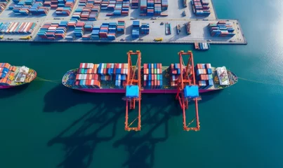Foto auf Alu-Dibond Aerial view cargo ship terminal, Unloading crane of cargo ship terminal, Aerial view industrial port with containers and container ship, Generative AI  © Geetanjali